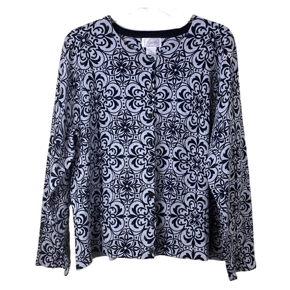 Foxcroft Floral Gray Black Cardigan